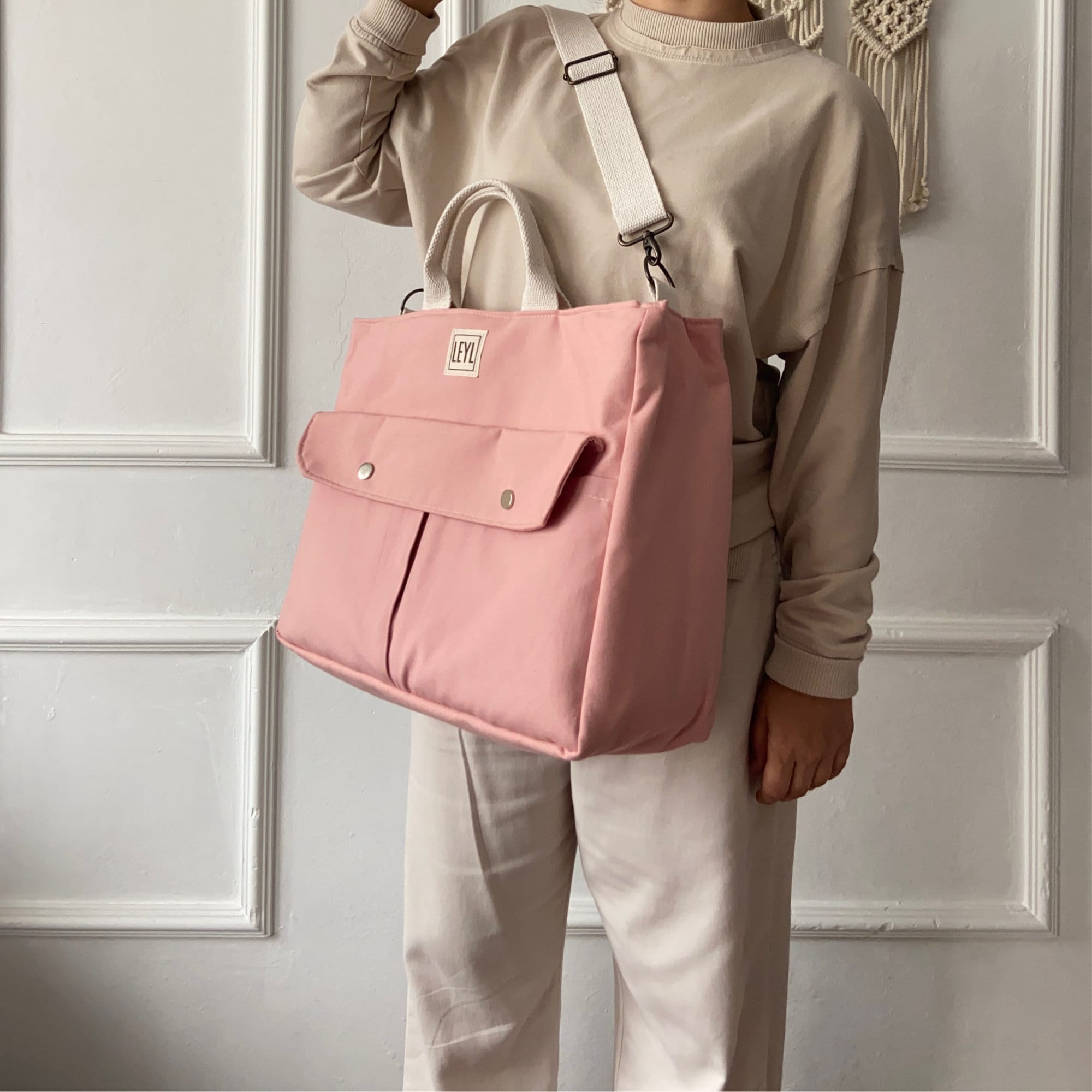 Zippered Tote Bag With Compartment, Canvas Shoulder Bag With