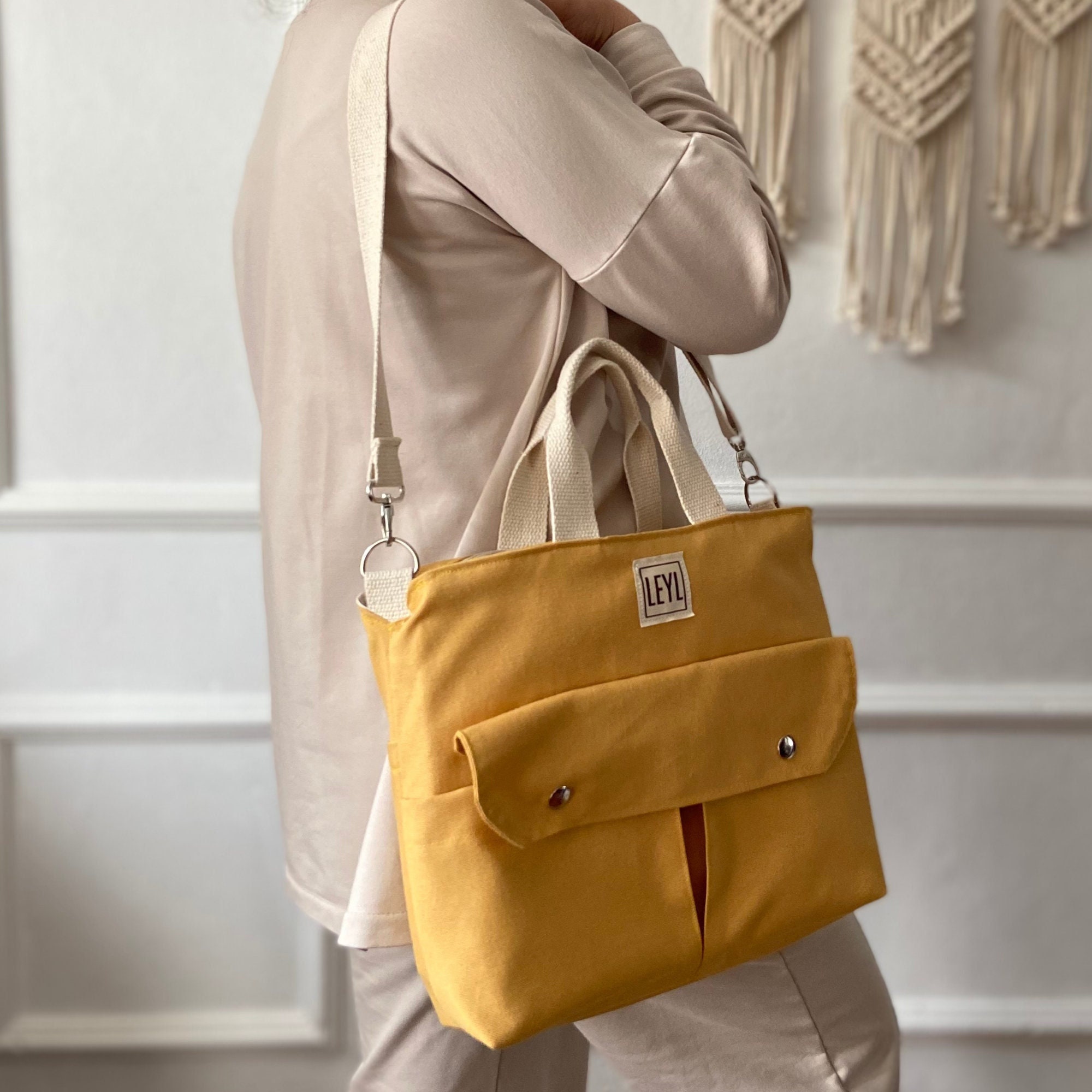 Zippered Tote Bag With Compartment, Canvas Shoulder Bag With