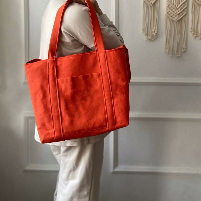 Canvas Tote Bag with Zipper, Fabric Shoulder Bag for Women, Plain Canvas Tote Bag with Pocket, Large Crossbody, Large Womens Tote Orange
