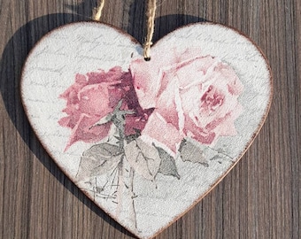 Vintage decor / Handmade decoupage wooden heart plate / Vintage Rose Shabby Style Gift for her / Mother&#39;s Day gift / Roses