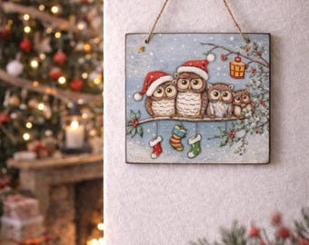 Décorations de hibou, décorations de Noël, plaque de découpage en MDF de 15 cm, cadeau de famille hibou, découpage en bois