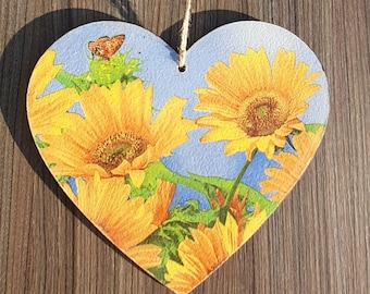 Decoupage Heart, 15cm MDF Sunflowers and Butterflies