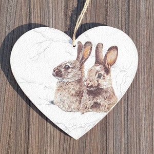 Decoupage Cuore Conigli, Rabbit Decor, 15cm Decoupaged MDF placca cardiaca