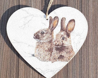 Decoupage Heart Rabbits , Rabbit Decor, 15cm Decoupaged MDF heart plaque