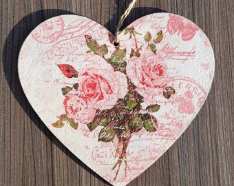 Vintage decor / Handmade decoupage wooden heart plate / Vintage Rose Shabby Style Gift for her / Mother&#39;s Day gift / Roses