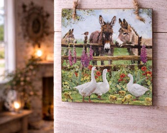Donkeys decoupaged plaque 15cm/15cm, Gifts for donkey lovers, spring home decor, decoupage canvas for donkeys,