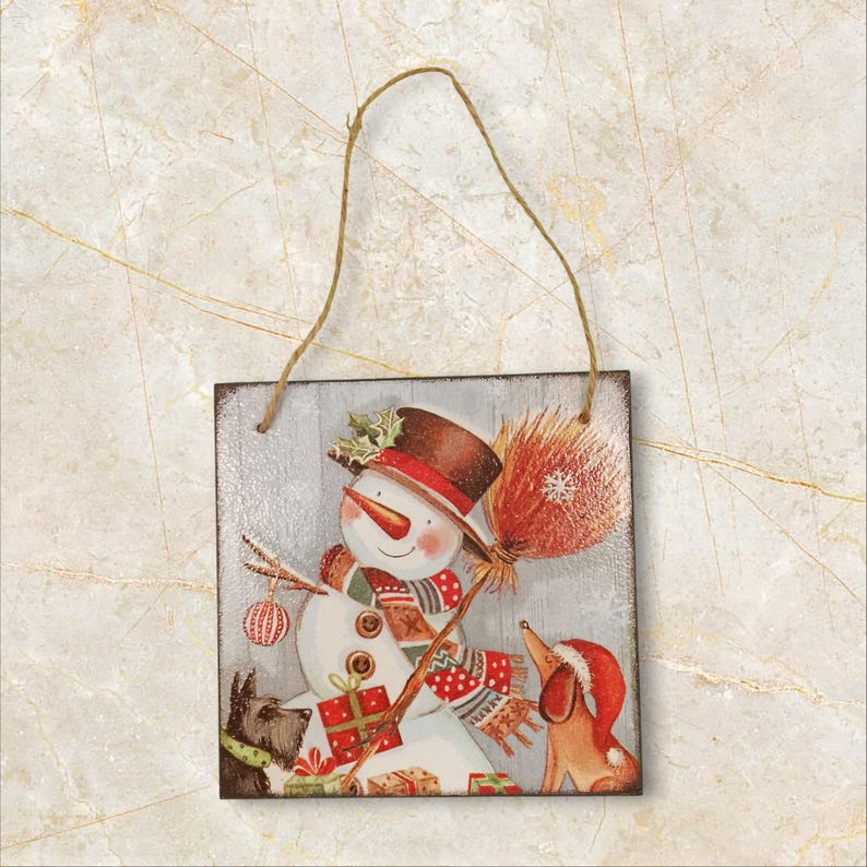 Ornement de Noël bonhomme de neige - Carré en MDF de découpage de 15 cm, cadeau de saison pour la famille, décoration de vacances en bois image 3