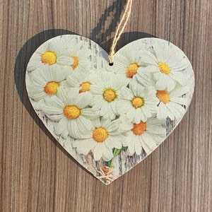 Cuore di decoupage, fiori di margherita, placca di cuore MDF decoupage da 15 cm fatta a mano