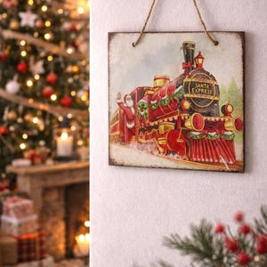 Christmas Train Ornaments – Handmade Decoupage MDF Square Gift for Family & Friends