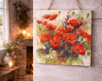 Poppy Slate Wall Plaque, Rustic Decor Poppies, Decoupage Technique,Wooden Wall Hanging Plaque