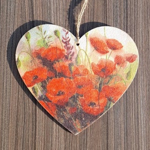 Poppy decoration,  Decoupage heart 15cm, Poppy Field handcrafted, wooden decoupage ornaments