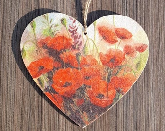Poppy decoration,  Decoupage heart 15cm, Poppy Field handcrafted, wooden decoupage ornaments