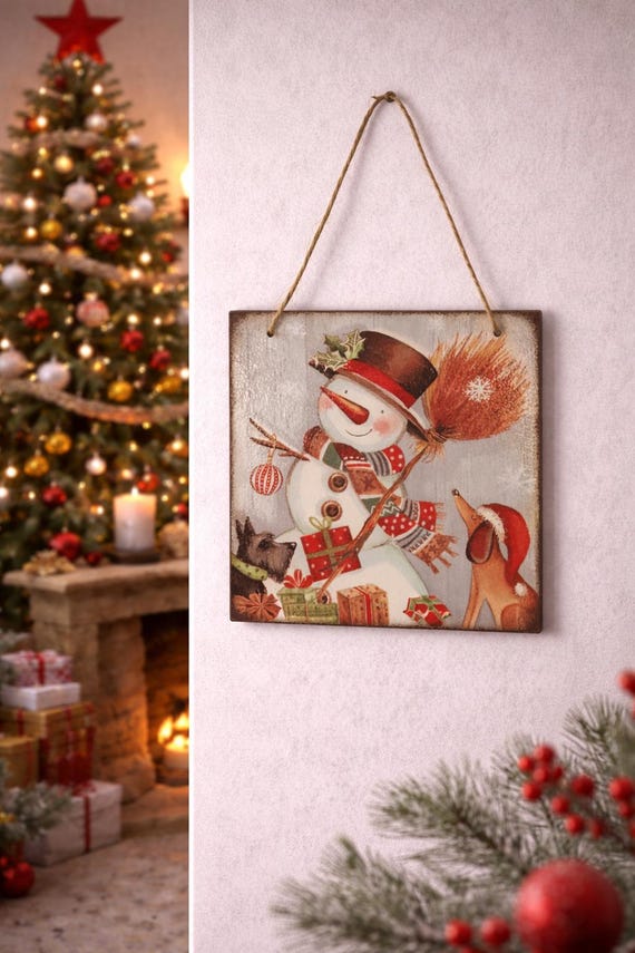 Christmas Snowman Ornament - Unique 15cm Decoupage MDF Square, Seasonal Family Gift, Wooden Holiday Decor