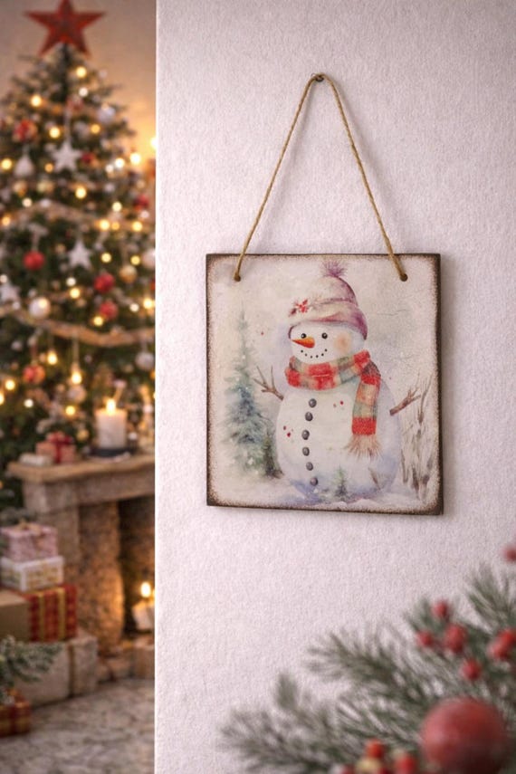 Christmas Snowman Ornament - Unique 15cm Decoupage MDF Square, Seasonal Family Gift, Wooden Holiday Decor