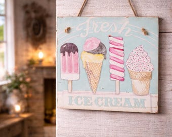 Ice Cream Decoupage Plaque 15cm/15cm, Gifts for Summer Lovers, Summer Home Decor, Ice Cream Decoupage Canvas.