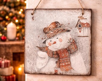 Décoration de bonhomme de neige de Noël, plaque de coeur en MDF découpé de bonhomme de neige, remise en bois de coeur d'hiver, ornement d'étiquette-cadeau