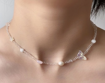 Handmade Mixed Beaded Necklace, Irridescent Butterfly Necklace Ring Set, Elastic Beaded Ring, Dainty Butterfly Pearl Necklace Choker Unique