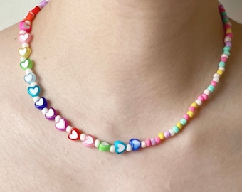 Handmade Y2K Beaded Necklace Heart Charm Rainbow Beaded Necklace Choker