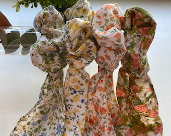 Floral Print Chiffon Scrunchie with Knot Bow, Pony Scarf, Elastic Hair Tie, Handmade Hair Accessories, Bridesmaid Gift, Gift for Her