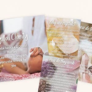 Puede incluir: Tarjetas informativas tituladas "Crystal Clarity" que explican los conceptos básicos, los perfiles y la programación de cristales. Las tarjetas también discuten la función de los cristales y cómo funcionan.