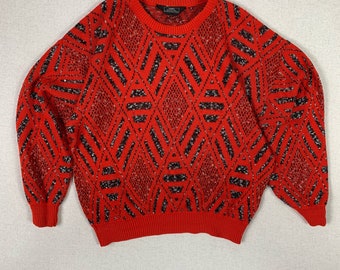 Pull ras du cou Sear à motif abstrait rouge vintage - L - années 80 et 90