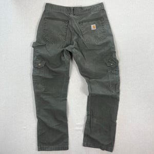 Pantalones de trabajo Carhartt Cargo de carpintero con doble rodilla antidesgarro, corte holgado, color verde vintage - 30 - Y2K