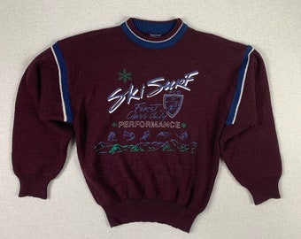 Vintage Burgundy Striped Ski Surf First Class Only Crewneck Knit - S - 70sSweater -