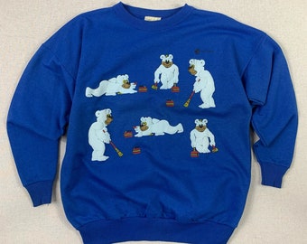 Vintage Blue Polar Bear All Canada Curling Crewneck Sweater - L -90s