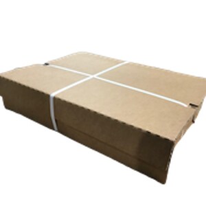 May include: A brown cardboard box with white tape wrapped around it. The box is sealed and ready for shipping.