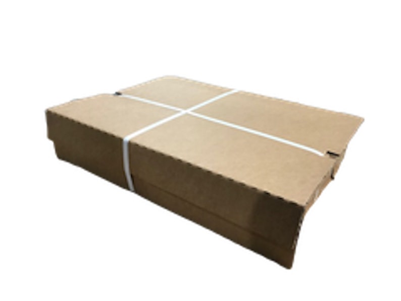 May include: A brown cardboard box with white tape wrapped around it. The box is sealed and ready for shipping.