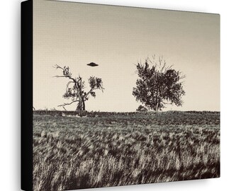 UFO Canvas Print, Black and White Sepia Art (10x8)