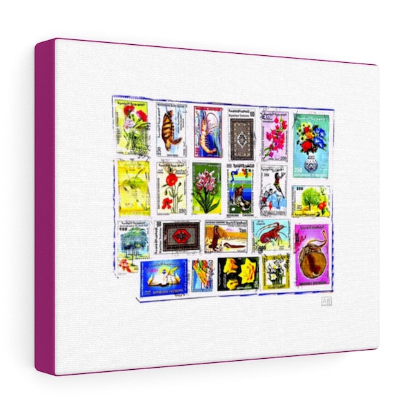 Petite peinture rose vif sur toile, timbres de Tunisie, impression rose contemporaine, image colorée de timbres, peinture rose et blanche moderne