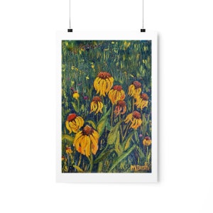 May include: A painting of a field of yellow and orange wildflowers with green foliage. The flowers are in various stages of bloom, some with petals fully open and others with petals drooping. The painting is done in a realistic style with visible brushstrokes.