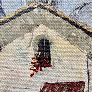 May include: A painting of a small, white building with a red brick roof. There is a window with a red flower garland hanging from it. The building is set against a blue sky.