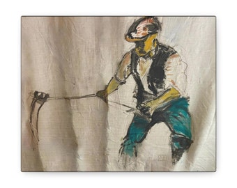 Farmer with Scythe Art, Cyan Yellow Ochre Canvas Print, 8x10 Gallery Wrap