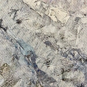 May include: Abstract painting with a textured, gray background. The painting features a variety of brushstrokes and splatters of paint in shades of gray, blue, and white.