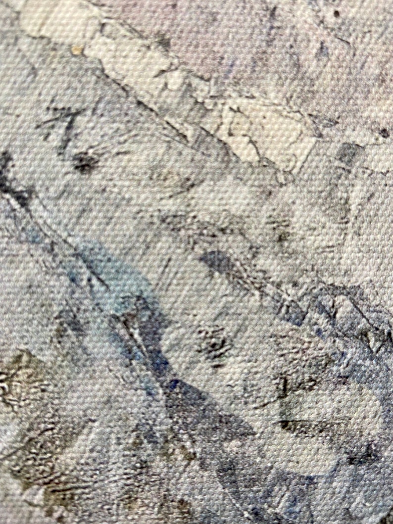 May include: Abstract painting with a textured, gray background. The painting features a variety of brushstrokes and splatters of paint in shades of gray, blue, and white.