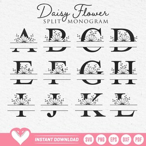 Daisy Split Monogram SVG Floral Alphabet Frame Letter Bundle Custom Name Initial PNG Cricut Laser Engraving Wedding Gift Digital Download