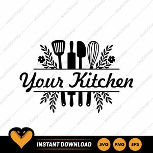 Op de afbeelding: Zwart-wit keukenontwerp met de tekst "Your Kitchen". Het ontwerp bevat silhouetten van keukengerei zoals een spatel, deegroller en garde, met bloemen- en bladaccenten. De tekst "Instant Download" is ook aanwezig.