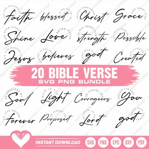 May include: A digital collection of 20 Bible verse designs in black script lettering on a white background. The text includes phrases like faith, blessed, Christ, grace, shine, love, strength, possible, Jesus, believes, god, created, soul, light, courageous, you, forever, purposed, lord, and god.