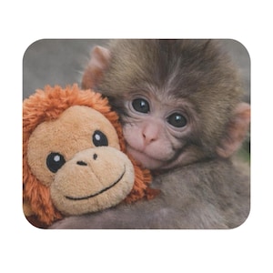 Puede incluir: Un joven mono marrón abraza un mono de peluche naranja con una cara sonriente. El mono tiene ojos grandes y oscuros. El fondo es de un color neutro suave. La imagen evoca una sensación de calidez y afecto.