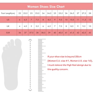 May include: A women's shoe size chart in centimetres, US, UK, and European sizes. The chart shows the corresponding sizes for foot lengths from 22 to 28 centimetres. The chart also includes a note that if the shoe size is beyond 26 centimetres, the high heel design will be removed due to quality concerns.
