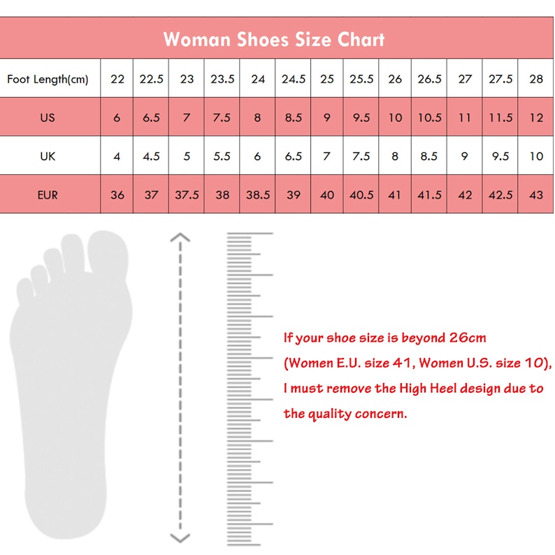May include: A women's shoe size chart in centimetres, US, UK, and European sizes. The chart shows the corresponding sizes for foot lengths from 22 to 28 centimetres. The chart also includes a note that if the shoe size is beyond 26 centimetres, the high heel design will be removed due to quality concerns.