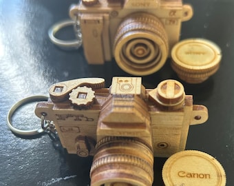 Lot of 2 Wooden Miniature Canon FTb & Sony a7R Models Camera Replicas Keychains