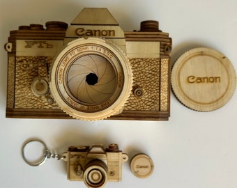 Lot of 2 Wooden CANON FTb Collectible Models: 1 Camera & 1 Keychain