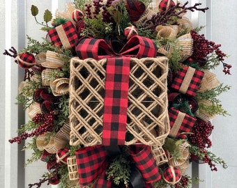 Red Plaid Present Wreath - Winter Wreath - Christmas Wreath - Holiday Wreath - Wreath with Gifts - Gift for Her - Neutral Wreath - Home Deco
