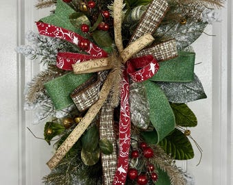 Christmas Swag Wreath - Winter Door Swag - Red Green Gold Holiday Decor - Rustic Farmhouse Christmas - Pine Berry Front Door Decor