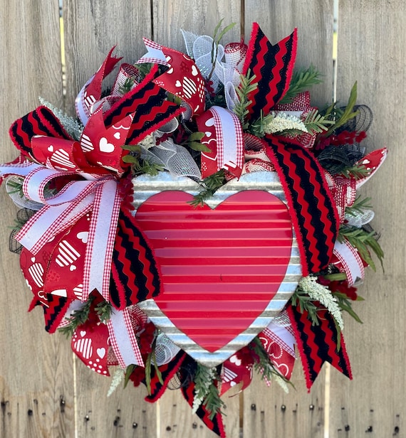 Valentine’s Day Wreath - Metal Heart Wreath - February Home Decor -  Entryway Valentine’s Day Wreath - Red and Black Wreath - Heart Wreath