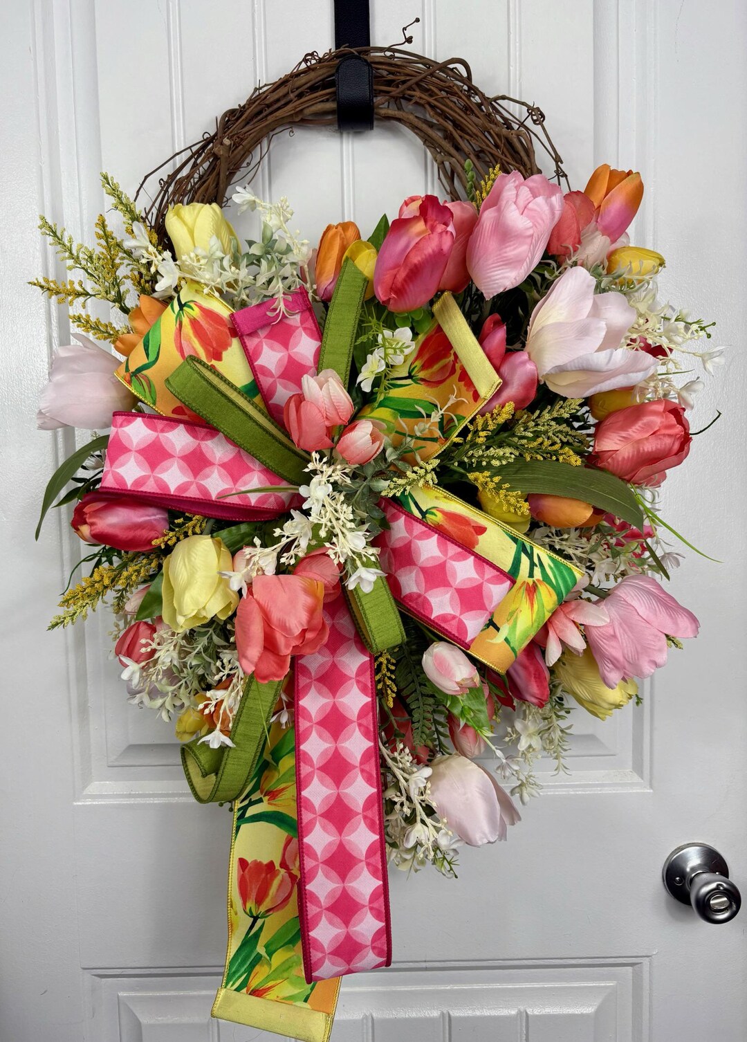 Pink Tulip Spring Wreath - Colorful Floral Front Door Decor - Grapevine ...