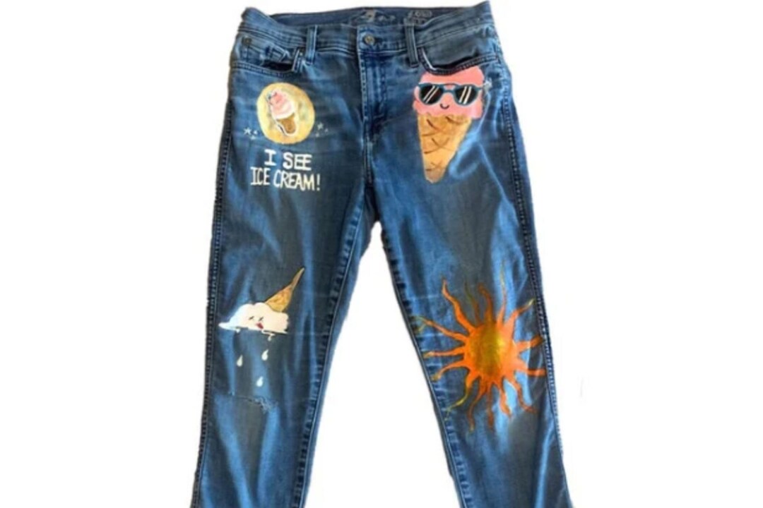 Ice Cream Hand Painted Jeans, Custom Embellished Skinny Denim Jeans